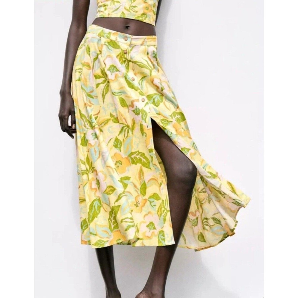Zara Floral Printed Linen Blend High Waist Maxi Button Skirt Yellow XS